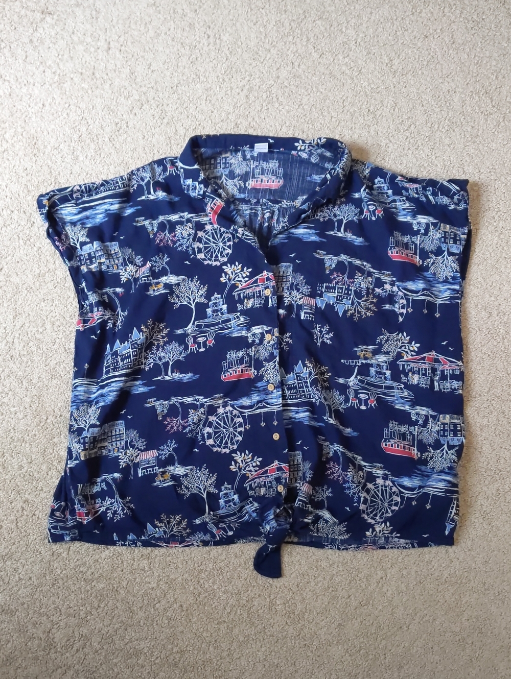 Navy Scenic Tie-Front Button Down Shirt Size XL